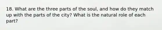 18. What are the three parts of the soul, and how do they match up with the parts of the city? What is the natural role of each part?