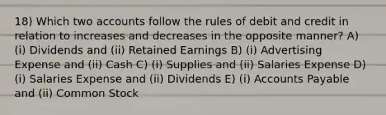 18) Which two accounts follow the rules of debit and credit in relation to increases and decreases in the opposite manner? A) (i) Dividends and (ii) Retained Earnings B) (i) Advertising Expense and (ii) Cash C) (i) Supplies and (ii) Salaries Expense D) (i) Salaries Expense and (ii) Dividends E) (i) Accounts Payable and (ii) Common Stock