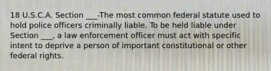 18 U.S.C.A. Section ___-The most common federal statute used to hold police officers criminally liable. To be held liable under Section ___, a law enforcement officer must act with specific intent to deprive a person of important constitutional or other federal rights.