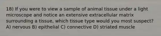 18) If you were to view a sample of animal tissue under a light microscope and notice an extensive extracellular matrix surrounding a tissue, which tissue type would you most suspect? A) nervous B) epithelial C) connective D) striated muscle