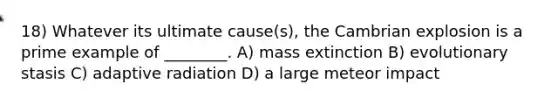 18) Whatever its ultimate cause(s), the Cambrian explosion is a prime example of ________. A) mass extinction B) evolutionary stasis C) adaptive radiation D) a large meteor impact