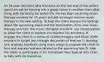 An 18 year old client who functions on the low end of the autism spectrum will be moving into a group home in another town after living with his family his entire life. He has been receiving music therapy services for 15 years but will no longer receive music therapy in his new setting. To help the client express his feelings about the upcoming move and the termination of his new music therapy services, the music therapist should A: use improvisation to allow the client to explore and express his emotions. B: engage the client in a series of Guided Imagery and Music (GIM) sessions to target loss through discussion of feelings C: develop lyric analysis handouts using blues songs to prepare the client to face and express sadness related to the upcoming loss D: take the client to participate in his hometown Very Special Arts Choir to help with his transition.