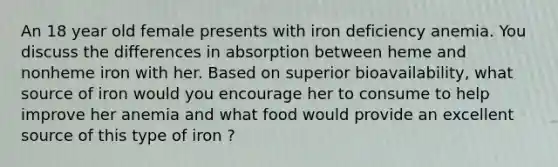 An 18 year old female presents with iron deficiency anemia. You discuss the differences in absorption between heme and nonheme iron with her. Based on superior bioavailability, what source of iron would you encourage her to consume to help improve her anemia and what food would provide an excellent source of this type of iron ?