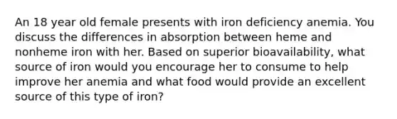 An 18 year old female presents with iron deficiency anemia. You discuss the differences in absorption between heme and nonheme iron with her. Based on superior bioavailability, what source of iron would you encourage her to consume to help improve her anemia and what food would provide an excellent source of this type of iron?