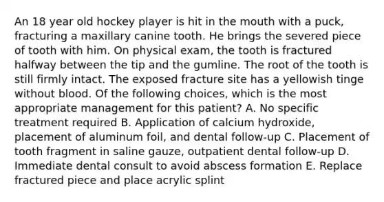 An 18 year old hockey player is hit in the mouth with a puck, fracturing a maxillary canine tooth. He brings the severed piece of tooth with him. On physical exam, the tooth is fractured halfway between the tip and the gumline. The root of the tooth is still firmly intact. The exposed fracture site has a yellowish tinge without blood. Of the following choices, which is the most appropriate management for this patient? A. No specific treatment required B. Application of calcium hydroxide, placement of aluminum foil, and dental follow-up C. Placement of tooth fragment in saline gauze, outpatient dental follow-up D. Immediate dental consult to avoid abscess formation E. Replace fractured piece and place acrylic splint