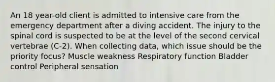 An 18 year-old client is admitted to intensive care from the emergency department after a diving accident. The injury to the spinal cord is suspected to be at the level of the second cervical vertebrae (C-2). When collecting data, which issue should be the priority focus? Muscle weakness Respiratory function Bladder control Peripheral sensation