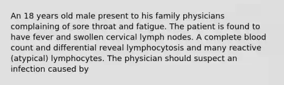 An 18 years old male present to his family physicians complaining of sore throat and fatigue. The patient is found to have fever and swollen cervical lymph nodes. A complete blood count and differential reveal lymphocytosis and many reactive (atypical) lymphocytes. The physician should suspect an infection caused by