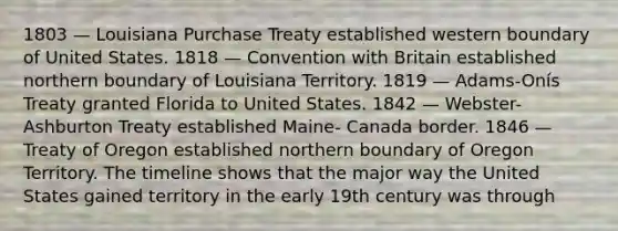 1803 — Louisiana Purchase Treaty established western boundary of United States. 1818 — Convention with Britain established northern boundary of Louisiana Territory. 1819 — Adams-Onís Treaty granted Florida to United States. 1842 — Webster-Ashburton Treaty established Maine- Canada border. 1846 — Treaty of Oregon established northern boundary of Oregon Territory. The timeline shows that the major way the United States gained territory in the early 19th century was through