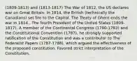 (1809-1813) and (1813-1817) The War of 1812, the US declares war on Great Britain. In 1814, the British (technically the Canadians) set fire to the Capitol. The Treaty of Ghent ends the war in 1814., The fourth President of the United States (1809-1817). A member of the Continental Congress (1780-1783) and the Constitutional Convention (1787), he strongly supported ratification of the Constitution and was a contributor to The Federalist Papers (1787-1788), which argued the effectiveness of the proposed constitution. Favored strict interpretation of the Constitution.