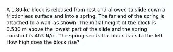 A 1.80-kg block is released from rest and allowed to slide down a frictionless surface and into a spring. The far end of the spring is attached to a wall, as shown. The initial height of the block is 0.500 m above the lowest part of the slide and the spring constant is 463 N/m. The spring sends the block back to the left. How high does the block rise?