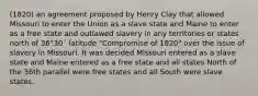 (1820) an agreement proposed by Henry Clay that allowed Missouri to enter the Union as a slave state and Maine to enter as a free state and outlawed slavery in any territories or states north of 36°30´ latitude "Compromise of 1820" over the issue of slavery in Missouri. It was decided Missouri entered as a slave state and Maine entered as a free state and all states North of the 36th parallel were free states and all South were slave states.