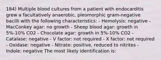 184) Multiple blood cultures from a patient with endocarditis grew a facultatively anaerobic, pleomorphic gram-negative bacilli with the following characteristics: - Hemolysis: negative - MacConkey agar: no growth - Sheep blood agar: growth in 5%-10% CO2 - Chocolate agar: growth in 5%-10% CO2 - Catalase: negative - V factor: not required - X factor: not required - Oxidase: negative - Nitrate: positive, reduced to nitrites - Indole: negative The most likely identification is: