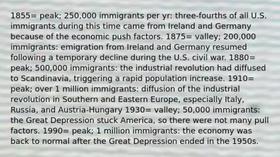 1855= peak; 250,000 immigrants per yr: three-fourths of all U.S. immigrants during this time came from Ireland and Germany because of the economic push factors. 1875= valley; 200,000 immigrants: emigration from Ireland and Germany resumed following a temporary decline during the U.S. civil war. 1880= peak; 500,000 immigrants: the industrial revolution had diffused to Scandinavia, triggering a rapid population increase. 1910= peak; over 1 million immigrants: diffusion of the industrial revolution in Southern and Eastern Europe, especially Italy, Russia, and Austria-Hungary 1930= valley; 50,000 immigrants: the Great Depression stuck America, so there were not many pull factors. 1990= peak; 1 million immigrants: the economy was back to normal after the Great Depression ended in the 1950s.