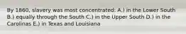 By 1860, slavery was most concentrated: A.) in the Lower South B.) equally through the South C.) in the Upper South D.) in the Carolinas E.) in Texas and Louisiana