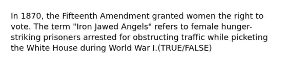 In 1870, the Fifteenth Amendment granted women the right to vote. The term "Iron Jawed Angels" refers to female hunger-striking prisoners arrested for obstructing traffic while picketing the White House during World War I.(TRUE/FALSE)