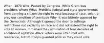 When -1870 Who -Passed by Congress -While Grant was president Where What -Prohibits federal and state governments from denying a citizen the right to vote because of race, color, or previous condition of servitude Why -It was bitterly opposed by the Democrats -Although it opened the door to suffrage restrictions not explicitly on race and did not extend the right to vote to women, it marked the culmination of four decades of abolitionist agitation -Black voters were often met with resistance, but US troops guarded polls so they could vote