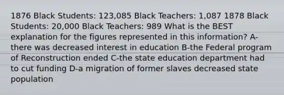 1876 Black Students: 123,085 Black Teachers: 1,087 1878 Black Students: 20,000 Black Teachers: 989 What is the BEST explanation for the figures represented in this information? A-there was decreased interest in education B-the Federal program of Reconstruction ended C-the state education department had to cut funding D-a migration of former slaves decreased state population