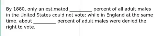 By 1880, only an estimated __________ percent of all adult males in the United States could not vote; while in England at the same time, about __________ percent of adult males were denied the right to vote.