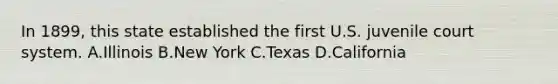 In 1899, this state established the first U.S. juvenile court system. A.Illinois B.New York C.Texas D.California