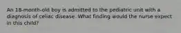 An 18-month-old boy is admitted to the pediatric unit with a diagnosis of celiac disease. What finding would the nurse expect in this child?