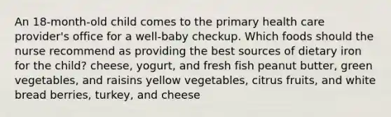 An 18-month-old child comes to the primary health care provider's office for a well-baby checkup. Which foods should the nurse recommend as providing the best sources of dietary iron for the child? cheese, yogurt, and fresh fish peanut butter, green vegetables, and raisins yellow vegetables, citrus fruits, and white bread berries, turkey, and cheese