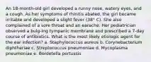 An 18-month-old girl developed a runny nose, watery eyes, and a cough. As her symptoms of rhinitis abated, the girl became irritable and developed a slight fever (38° C). She also complained of a sore throat and an earache. Her pediatrician observed a bulg-ing tympanic membrane and prescribed a 7-day course of antibiotics. What is the most likely etiologic agent for the ear infection? a. Staphylococcus aureus b. Corynebacterium diphtheriae c. Streptococcus pneumoniae d. Mycoplasma pneumoniae e. Bordetella pertussis