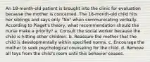 An 18-month-old patient is brought into the clinic for evaluation because the mother is concerned. The 18-month-old child hits her siblings and says only "No" when communicating verbally. According to Piaget's theory, what recommendation should the nurse make a priority? a. Consult the social worker because the child is hitting other children. b. Reassure the mother that the child is developmentally within specified norms. c. Encourage the mother to seek psychological counseling for the child. d. Remove all toys from the child's room until this behavior ceases.