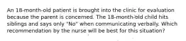 An 18-month-old patient is brought into the clinic for evaluation because the parent is concerned. The 18-month-old child hits siblings and says only "No" when communicating verbally. Which recommendation by the nurse will be best for this situation?