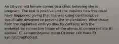 An 18-year-old female comes to a clinic believing she is pregnant. The test is positive and she inquires how this could have happened giving that she was using contraceptive specifically designed to prevent the implantation. What tissue from the implanted embryo directly contacts with the endometrial connective tissue of the uterus A) corona radiata B) epiblast C) extraembryonic meso D) inner cell mass E) syncytiotrophoblast