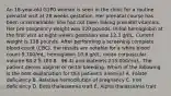 An 18-year-old G1P0 woman is seen in the clinic for a routine prenatal visit at 28 weeks gestation. Her prenatal course has been unremarkable. She has not been taking prenatal vitamins. Her pre-pregnancy weight was 120 pounds. Initial hemoglobin at the first visit at eight weeks gestation was 12.3 g/dL. Current weight is 138 pounds. After performing a screening complete blood count (CBC), the results are notable for a white blood count 9,700/mL, hemoglobin 10.6 g/dL, mean corpuscular volume 88.2 fL (80.8 - 96.4) and platelets 215,000/mcL. The patient denies vaginal or rectal bleeding. Which of the following is the best explanation for this patient's anemia? A. Folate deficiency B. Relative hemodilution of pregnancy C. Iron deficiency D. Beta thalassemia trait E. Alpha thalassemia trait