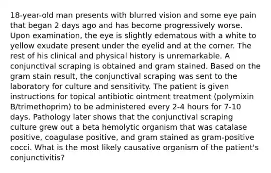 18-year-old man presents with blurred vision and some eye pain that began 2 days ago and has become progressively worse. Upon examination, the eye is slightly edematous with a white to yellow exudate present under the eyelid and at the corner. The rest of his clinical and physical history is unremarkable. A conjunctival scraping is obtained and gram stained. Based on the gram stain result, the conjunctival scraping was sent to the laboratory for culture and sensitivity. The patient is given instructions for topical antibiotic ointment treatment (polymixin B/trimethoprim) to be administered every 2-4 hours for 7-10 days. Pathology later shows that the conjunctival scraping culture grew out a beta hemolytic organism that was catalase positive, coagulase positive, and gram stained as gram-positive cocci. What is the most likely causative organism of the patient's conjunctivitis?