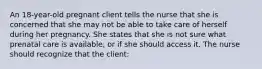 An 18-year-old pregnant client tells the nurse that she is concerned that she may not be able to take care of herself during her pregnancy. She states that she is not sure what prenatal care is available, or if she should access it. The nurse should recognize that the client: