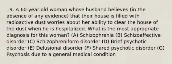 19. A 60-year-old woman whose husband believes (in the absence of any evidence) that their house is filled with radioactive dust worries about her ability to clear the house of the dust when he is hospitalized. What is the most appropriate diagnosis for this woman? (A) Schizophrenia (B) Schizoaffective disorder (C) Schizophreniform disorder (D) Brief psychotic disorder (E) Delusional disorder (F) Shared psychotic disorder (G) Psychosis due to a general medical condition