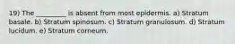 19) The _________ is absent from most epidermis. a) Stratum basale. b) Stratum spinosum. c) Stratum granulosum. d) Stratum lucidum. e) Stratum corneum.