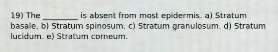 19) The _________ is absent from most epidermis. a) Stratum basale. b) Stratum spinosum. c) Stratum granulosum. d) Stratum lucidum. e) Stratum corneum.