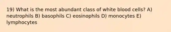 19) What is the most abundant class of white blood cells? A) neutrophils B) basophils C) eosinophils D) monocytes E) lymphocytes