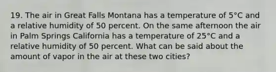 19. The air in Great Falls Montana has a temperature of 5°C and a relative humidity of 50 percent. On the same afternoon the air in Palm Springs California has a temperature of 25°C and a relative humidity of 50 percent. What can be said about the amount of vapor in the air at these two cities?