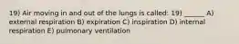 19) Air moving in and out of the lungs is called: 19) ______ A) external respiration B) expiration C) inspiration D) internal respiration E) pulmonary ventilation