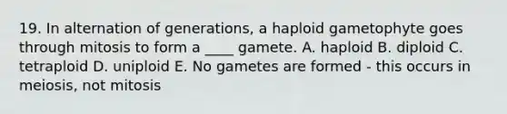 19. In alternation of generations, a haploid gametophyte goes through mitosis to form a ____ gamete. A. haploid B. diploid C. tetraploid D. uniploid E. No gametes are formed - this occurs in meiosis, not mitosis