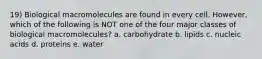 19) Biological macromolecules are found in every cell. However, which of the following is NOT one of the four major classes of biological macromolecules? a. carbohydrate b. lipids c. nucleic acids d. proteins e. water