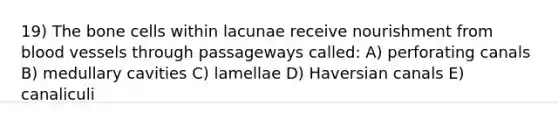 19) The bone cells within lacunae receive nourishment from blood vessels through passageways called: A) perforating canals B) medullary cavities C) lamellae D) Haversian canals E) canaliculi