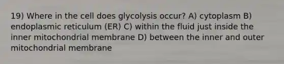 19) Where in the cell does glycolysis occur? A) cytoplasm B) endoplasmic reticulum (ER) C) within the fluid just inside the inner mitochondrial membrane D) between the inner and outer mitochondrial membrane