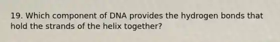 19. Which component of DNA provides the hydrogen bonds that hold the strands of the helix together?