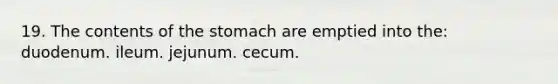 19. The contents of the stomach are emptied into the: duodenum. ileum. jejunum. cecum.