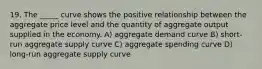 19. The _____ curve shows the positive relationship between the aggregate price level and the quantity of aggregate output supplied in the economy. A) aggregate demand curve B) short-run aggregate supply curve C) aggregate spending curve D) long-run aggregate supply curve