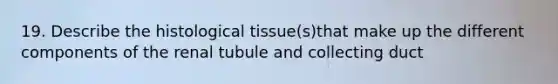 19. Describe the histological tissue(s)that make up the different components of the renal tubule and collecting duct