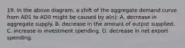 19. In the above diagram, a shift of the aggregate demand curve from AD1 to AD0 might be caused by a(n): A. decrease in aggregate supply. B. decrease in the amount of output supplied. C. increase in investment spending. D. decrease in net export spending.