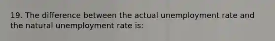 19. The difference between the actual <a href='https://www.questionai.com/knowledge/kh7PJ5HsOk-unemployment-rate' class='anchor-knowledge'>unemployment rate</a> and the natural unemployment rate is: