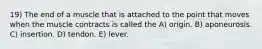 19) The end of a muscle that is attached to the point that moves when the muscle contracts is called the A) origin. B) aponeurosis. C) insertion. D) tendon. E) lever.