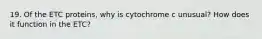 19. Of the ETC proteins, why is cytochrome c unusual? How does it function in the ETC?